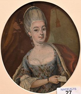 Early Small Portrait
woman wearing an elegant light blue dress and holding a letter
oil on copper
17th or 18th century
marked Rigaud on back
5 3/4 x 4