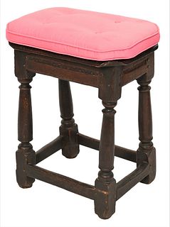 Oak Jacobean Joint Stool
now fitted with custom cushion
17th century
top corners trimmed
height 21 inches, top 11 1/2 x 18 inches