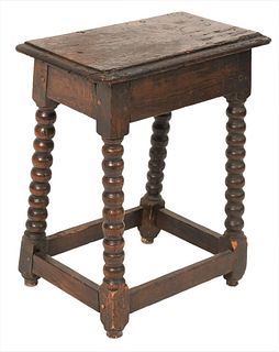 Oak Jacobean Joint Stoolhaving spool turned legs and box stretcher17th centuryheight 21 inches, top 10 x 17 inches