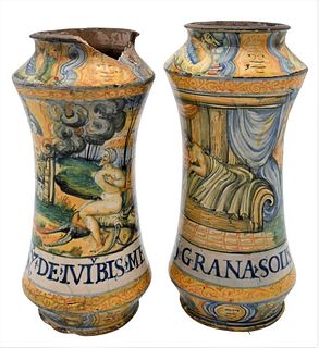 Pair of Majolica Polychrome Decorated VesselsAlbarello and Castel Durantecylindrical form depicting figures and animals in a landscapeone inscribed