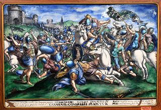Limoges Painted Enamel Plaque of The Battle at Cannae
probably 18th century or earlier
depicting numerous figures in Roman dress astride horses and on