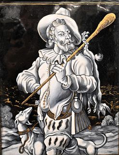 Limoges Grisaille Enamel Plaque of a Cavalier
17th century style
standing man with a rifle in his left hand, a hound at his feet
heightened with gildi