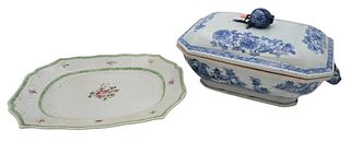 Two Piece Chinese Blue and White Porcelain Group 
to include covered tureen with animal head handles 
along with export plater 
length 14 1/2 inches