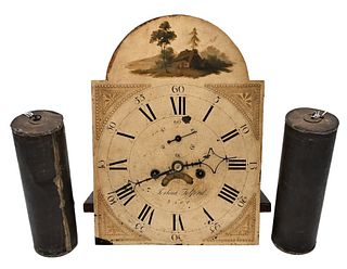 Joshua Tolford Tall Clock Face and Workshaving brass works and painted metal dial signed Joshua Tolford Sacowith calendarsecond hand and tole weight