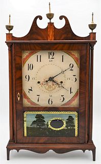 Seth Thomas Off Center Federal Pillar and Scroll Shelf Clock
having wooden works
height 30 inches
Provenance: Fifty Year Personal Collection of Clocks