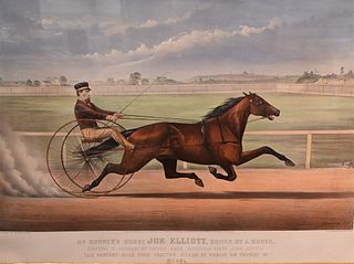 Currier and Ives
"Mr. Bonner's Horse, Joe Elliott, Driven by J. Bowen"
1873
lithograph in colors on paper
inscribed in plate throughout the lower marg