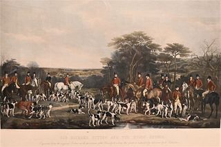 After Francis GrantScottish, 1803 - 1898"Sir Richard Sutton and Quorn Hounds" engraving with hand coloring on paperinscribed in plate throughout t