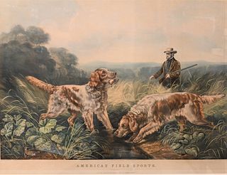 Currier and Ives after Arthur Fitzwilliam Tait
American, 1819 - 1905
"American Field Sports, Retrieving"
lithograph in colors on paper inscribed in pl