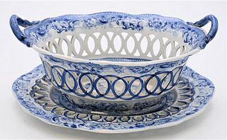 Two Piece Lot 
to include staffordshire reticulated basket
along with reticulated under plate 
length 10 3/4 inches