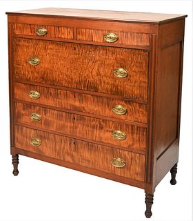 Sheraton Cherry Butlers Desk
with tiger maple drawers having two short drawers over drop front desk opening to reveal tiger maple drawers all over thr