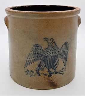 Two Gallon Stoneware Crock
having blue eagle
(some chips)
height 10 1/4 inches
Provenance: Estate of Bruce Sasalla, East Hartford, Connecticut.