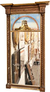 Federal Mirror
having eglomised panel over rectangular mirror housed in gilt frame 
overall 49 1/4 x 27 inches