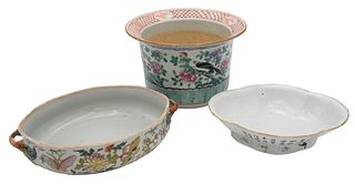 Three Pieces of Assorted Chinese Porcelain
to include Famille Rose oblong footed dish
having four character marks on bottom
Famille Rose serving dish 