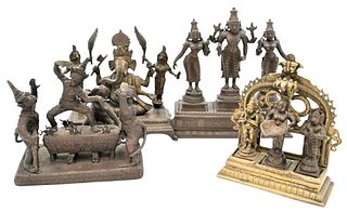 Four Piece Bronze Lot
to include Hindu gods on pedestals
including Ganesh, Vishnu and several others
each form having three figures
