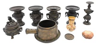 Assorted Group of Ten Asian Items
to include four Japanese urns; 
bronze chinese censer with foo dog finial;
bronze double gourd vase; 
small satsuma 