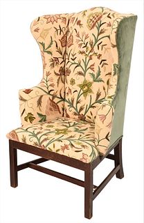 Chippendale Maple Upholstered Wing Chair
in crewel work upholstery
set on base with squared legs with H stretchers
height 46 inches, seat height 16 in