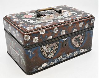 Large Cloisonne Box
having hinged lid and large brass handle
interior silvered with upper tray in three covered compartments
cloisonne depicting birds