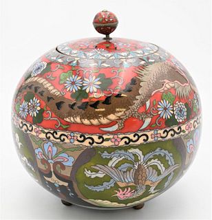 Large Cloisonne Globular Jar with Cover
having dragon over panels with foo lions and phoenix birds on three footed base
height 8 1/2 inches, diameter 