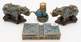 Four Piece Assorted Chinese Cloisonne Group 
to include pair of rhino censors on stands 
small circular box with foo lion finial
along with a double b
