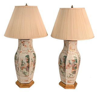 Pair of Famille Rose Hexagonal Vases
mounted as lamps decorated with exterior figural scenes
one with hairline cracks
18th/19th century
height 18 inch