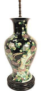 Famille Noire Chinese Porcelain Vase
having phoenix bird and tree, made into a table lamp
vase height 17 1/2 inches, total height 35 1/2 inches