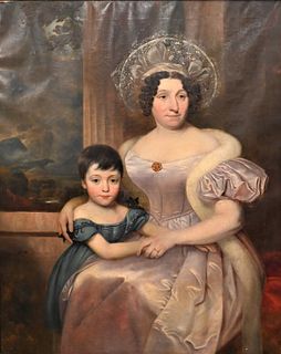 Thomas Kirkby
American/British, 1775 - 1847
portrait of English mother and child wearing blue dress with landscape background
oil on canvas
signed and
