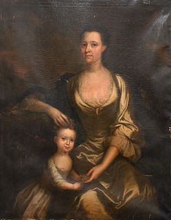 Portrait of Mother and Child
holding grapes with landscape in background
18th century or later
oil on canvas
unsigned
50 x 39 1/2 inches