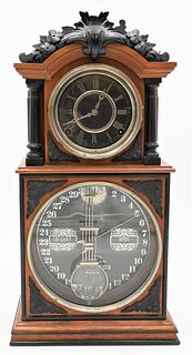 Ithaca Parlor Model Calendar Shelf Clock
having dual dial and walnut case, carved wood accents, top dial with paper face, bottom dial clear glass, 
fa