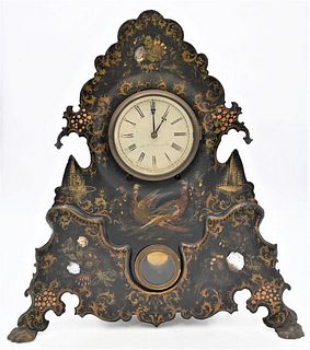M.W. Atkins Iron Painted and Mother of Pearl Inlay Shelf Clock
height 20 inches
Provenance: Fifty Year Personal Collection of Clocks and American Anti