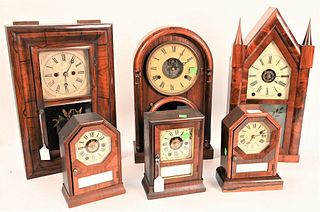Group of Six Mantel Clocks
to include a Brewster & Ingraham mahogany steeple clock; Joseph Ives beehive 8-day clock; three small Seth Thomas shelf clo