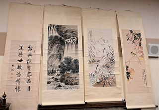 Group of Four Oriental Scrolls
to include watercolor on paper, wild flowers with perched bird;
watercolor on paper, ducks in marsh;
watercolor on pape