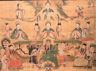 Japanese Watercolor on Silk
having painted warrior figure amongst scholars and geisha
18th century or later
sight size 22 x 29 1/2 inches