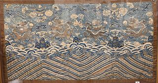 Chinese Embroidered Dragon Textile
framed and made into a panel having five claw dragons amongst flaming clouds over crashing wave design
32 x 54 inch