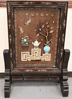 Large Chinese Hardwood Screen
having mother of pearl inlaid frame of bats, antiques and scroll leaves with fruit, central screen mounted stone, bats, 
