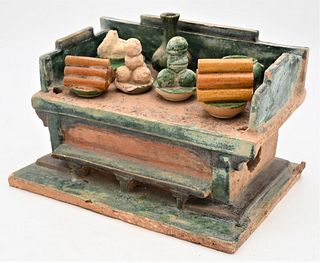 Chinese Ming Dynasty Green Glazed Offering Bed
having seven separate glazed pottery funerary offerings
Ancient Art International certificate of authen