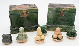 Pair of Chinese Ming Dynasty Saneai Altars
each green glazed pottery, tomb style chest having three funerary food offerings
height 5 1/4 inches, width