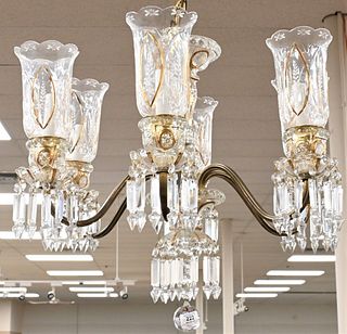 Six Light Brass and Crystal Chandelierhaving etched shadesheight 24 inches, diameter 26 inches