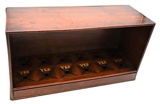 Antique Mahogany Ballot Box
having six painted "Yes/No" compartments, locking flip front opening to six fitted drawers with pull knobs
height 12 inche
