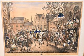 After Christian Inger
"Washington's Triumphal Entry into New York, 1783"
lithograph on paper with handcolor
circa 1860 or later
image size 29 1/2 x 42