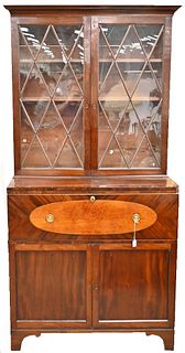 George III Mahogany Secretary Desk in Two Parts
upper section with two glazed doors
over lower section with drop front desk 
over two doors
height 87 