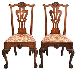 Pair of Walnut Philadelphia Chippendale Side Chairs Having carved top rail over rare pierced splat with heart cut out over slip seats with shell carve