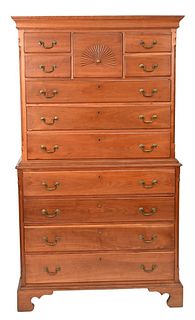 Chippendale Cherry Chest on Chest
in two parts, upper section having center fan carved drawer flanked by two short drawers on either side, over three 