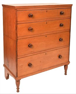 Pine Chest of Four Drawers
having scoop carved details
all set on turned front legs
circa 1830
(possibly captain's chest that was in two parts)
height