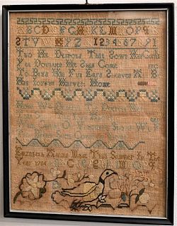 18th Century Schoolgirl Sampler 
having a poem, alphabet, and numbers, along with a duck embroidered along the lower edge
dated 1764
sight size 10 1/2