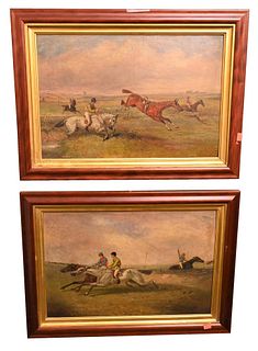 Two Thomas Hillier Mew
British, 19th century
pair of steeplechase scenes
both signed lower right "T.H. Mew" and inscribed on the reverse
both oil on b