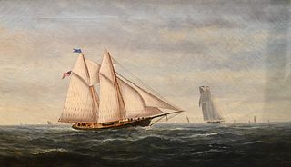 American School
19th century
Schooner at Sea with American Flag
oil on canvas
signed indistinctly
14 x 24 inches