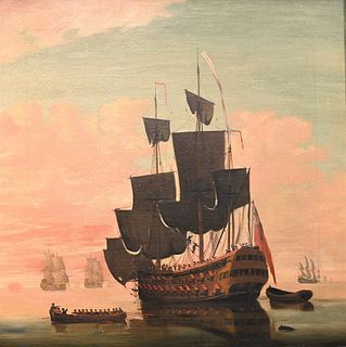 Attributed to Peter Monamy
British, 1681 - 1749
British ship on a calm sea
oil on canvas
unsigned
having a Sotheby's label adhered to the stretcher ba