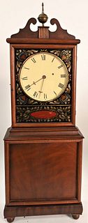 Aaron Willard Mahogany Shelf Clock
having eglomised dial mask
features a reserve signed "Aaron Willard Boston" on ball feet
case reworked and partiall