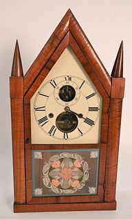 Silas Terry Balance Wheel Fuller Steeple Clock
with tiger maple frame
height 24 1/2 inches 
Provenance: Fifty Year Personal Collection of Clocks and A