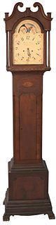 Christian Eoy Wanbrim Pennsylvania Mahogany Tall Case Clock
having inlaid pinwheels pediment top over tombstone door and inlay at base of hood over in